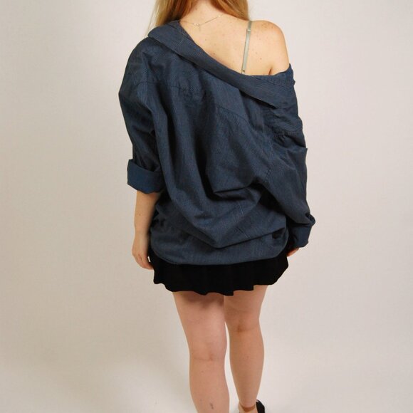 Y2K Striped Button Up (L) blue large vintage navy slim fit business casual fall - Picture 3 of 8